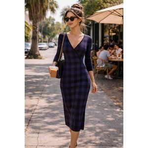 DIESEL Womens Black Blue Plaid Knit Wrap Maxi Dress Long Sleeve